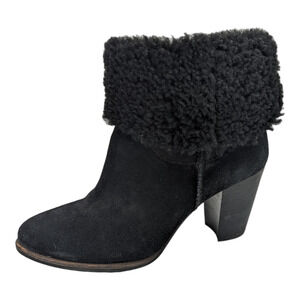 UGG Charlee Ankle Boot SZ 10 Black Suede Shearling Lined Stack Heel Winter Cozy
